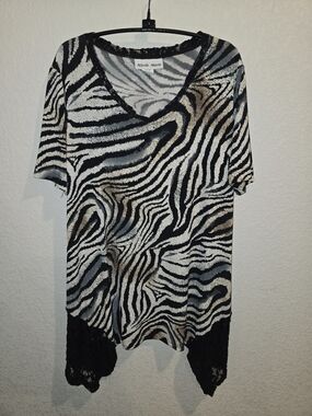 Nicole Marie Animal / Zebra Print Lace-Trim Asymmetric Tunic Top - Size Medium